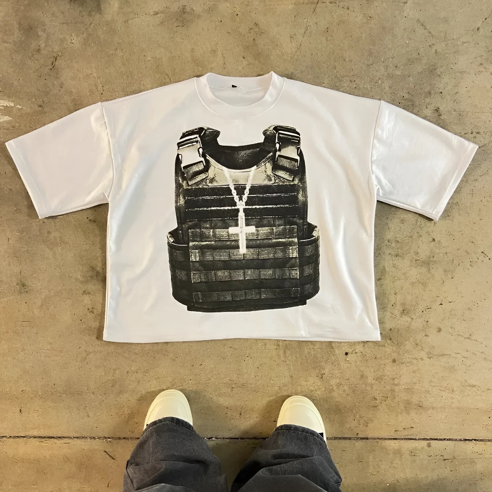Men's retro style cotton short sleeve T-shirt with drop-shoulder sleeves and a contrast colour panel.