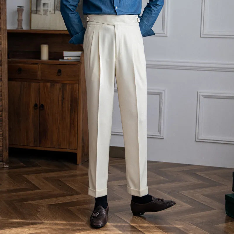 Men's high waist straight leg casual trousers in black polyester fabric for leisure wear.