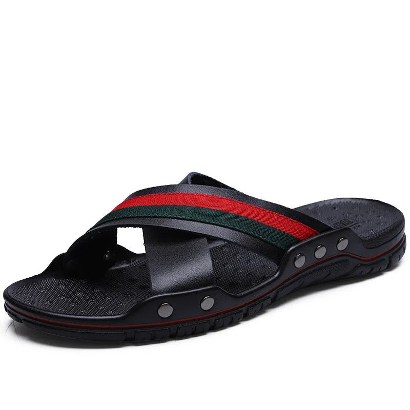 Men's white cowhide and PU flip-flop sandals on a plain background showing size options.