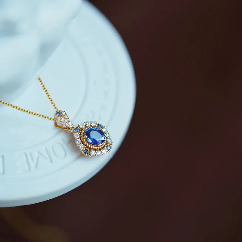 Royal necklace with mixed gem pendant on copper box chain, adjustable 21-50cm length