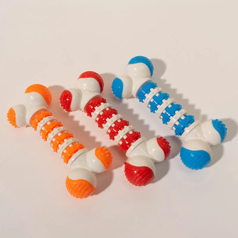 Bone shaped interactive dog toy for small breeds with treat holder in blue orange or red
