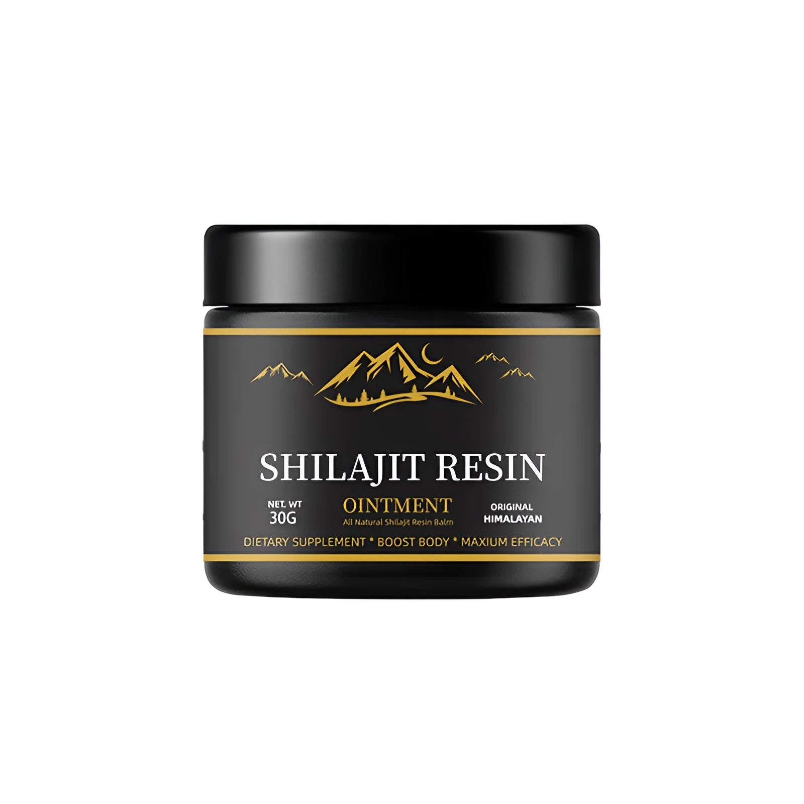 30g jar of pure Himalayan Shilajit resin with wooden measuring spoon on white background