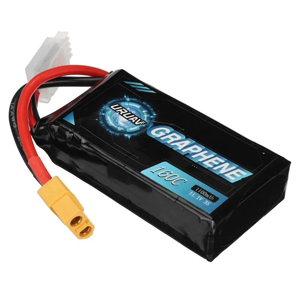 RC lithium battery showing 7.4V 1200mAh specifications with 15mm x 36mm x 70mm dimensions