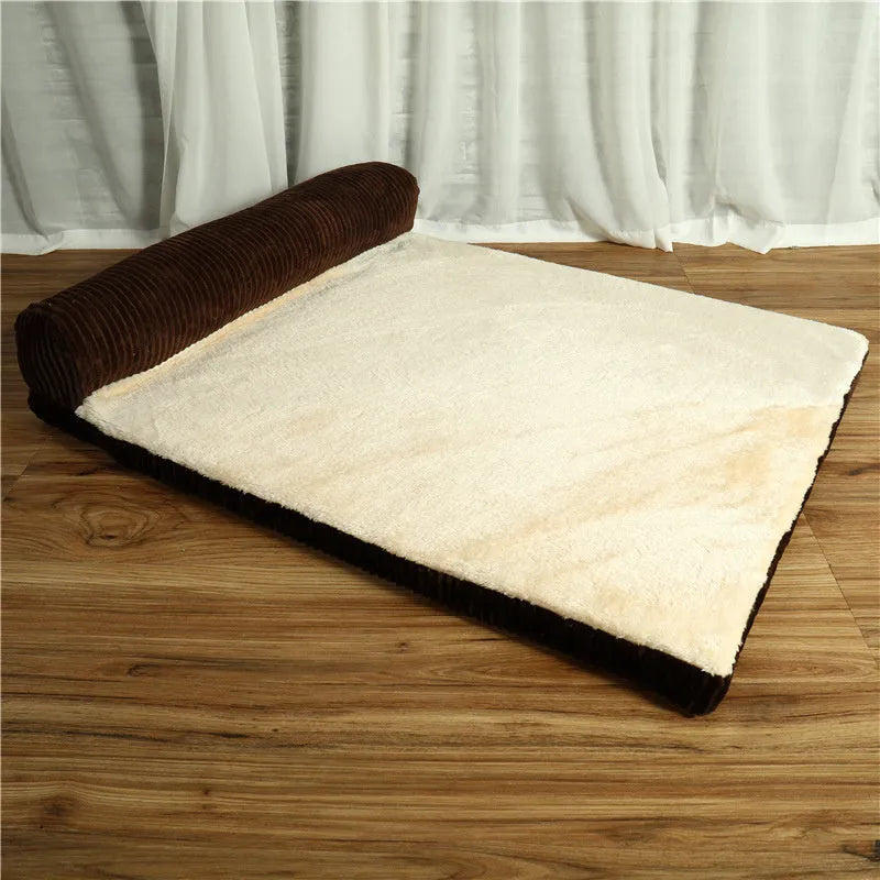 Corduroy bolster dog bed with non-slip base in grey, showing S M L XL size comparison.