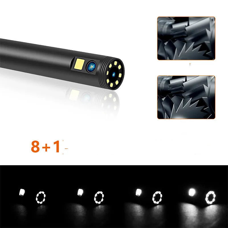 F300 wireless dual lens endoscope with IP68 waterproof probe, magnet, and hook accessories on a table