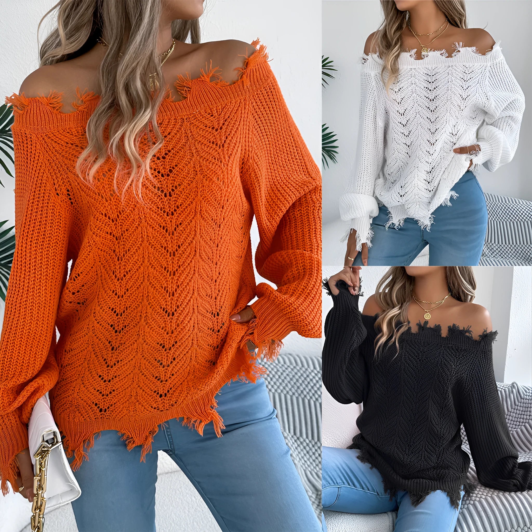 Women's white hollow-out pullover sweater with cut off-the-shoulder design and long sleeves