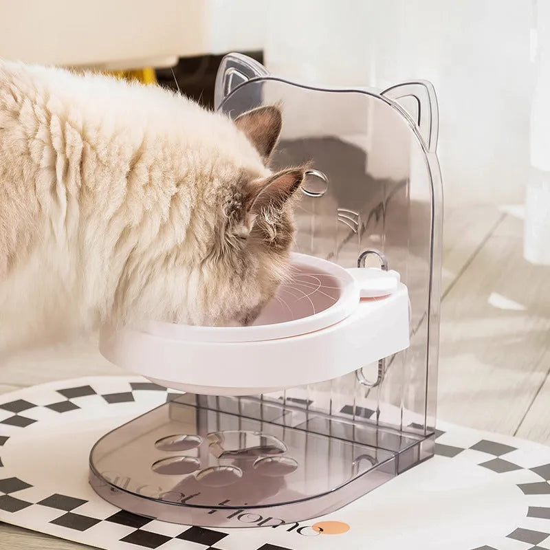Adjustable height anti spill cat bowl with removable hanging cage in grey colour