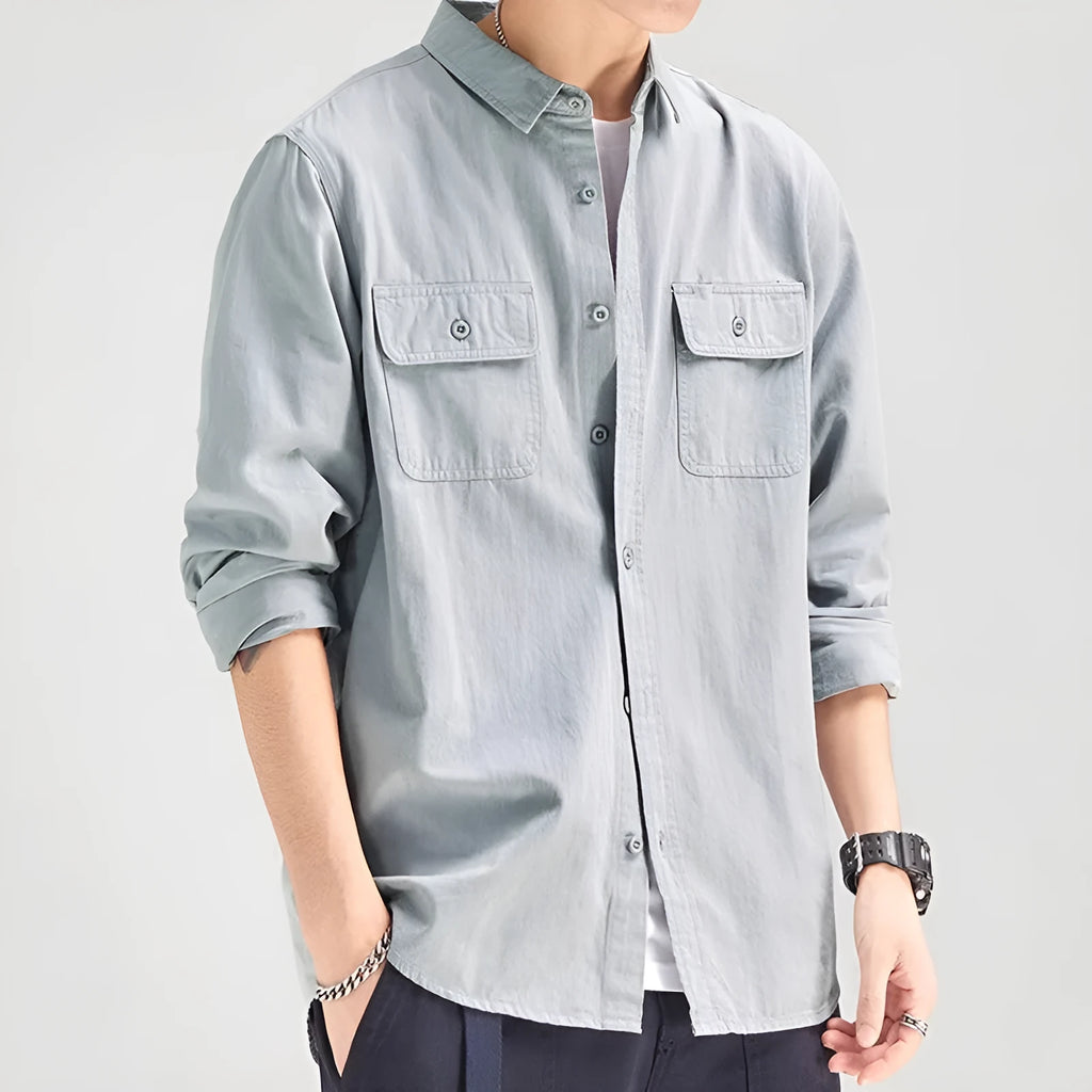 Men's light grey loose fit cardigan-style shirt with an overalls design and long sleeves.