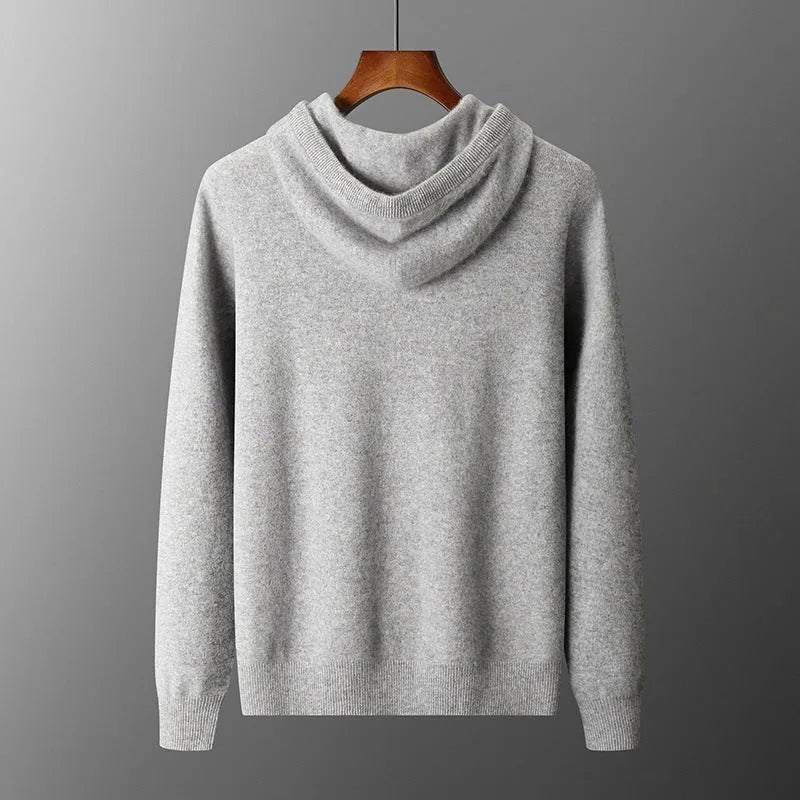 Men's light gray hooded cashmere sweatshirt and matching trousers laid flat as a set.