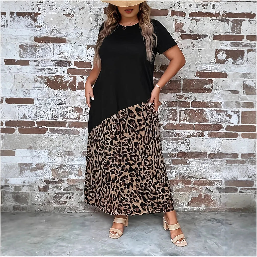 Women's casual leopard print maxi dress with loose fit and quarter sleeves, in black, plus size option