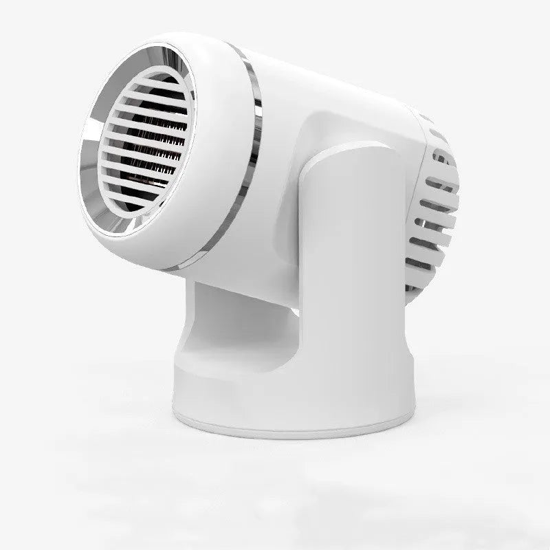 Black and white 12V car heater measuring 14x12x8cm with 1.5m power cord for defrosting and hair drying