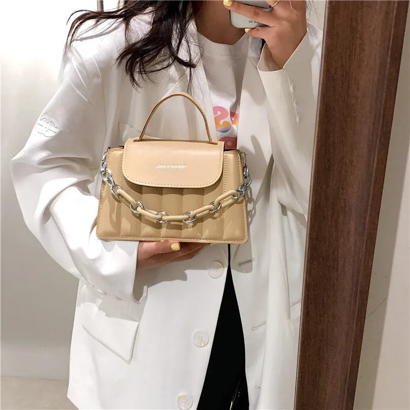 Women's PU chain crossbody shoulder bag with diamond grid pattern, horizontal square shape, in khaki