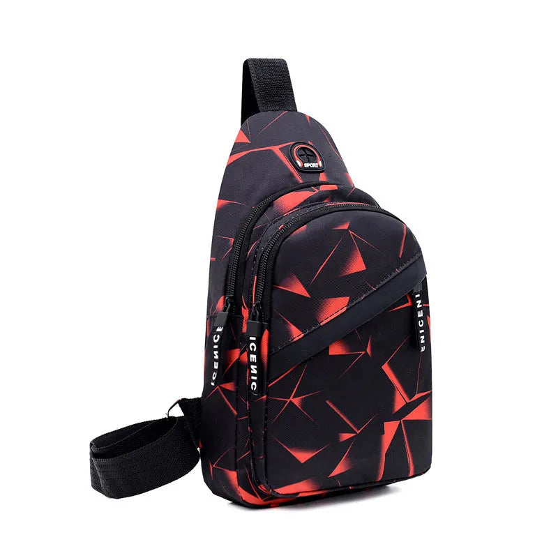 Men's print sling chest bag with earphone hole, Oxford cloth construction, showing front view with zipper opening