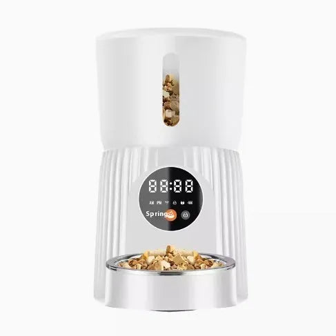 Black and white intelligent pet feeder with USB cable for automatic timing and quantitative remote feeding