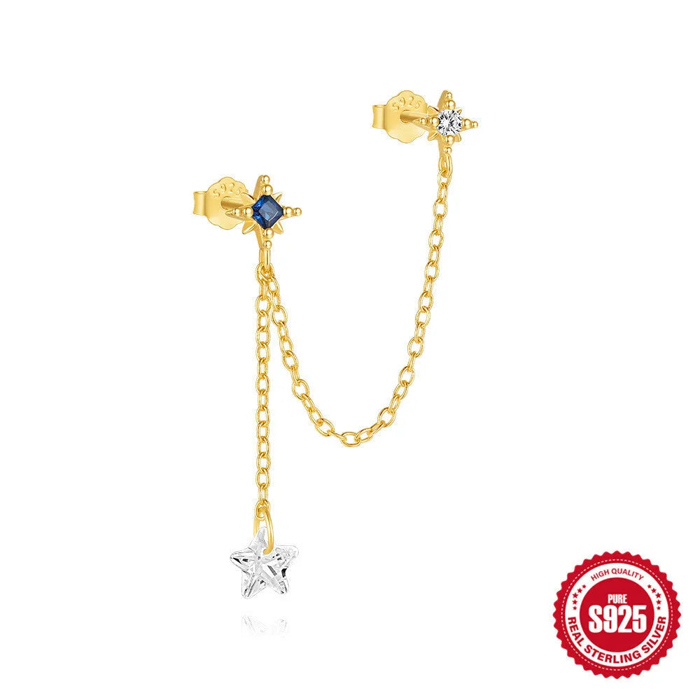 S925 sterling silver stud earrings with zircon stones and chain design for double piercing in golden colour