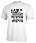 Men's white printed short sleeve polyester t-shirt on a hanger