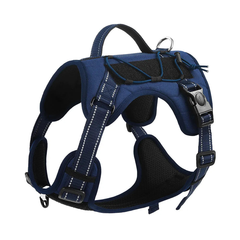 Orange reflective dog harness with black hand-holding rope shown on a dog.