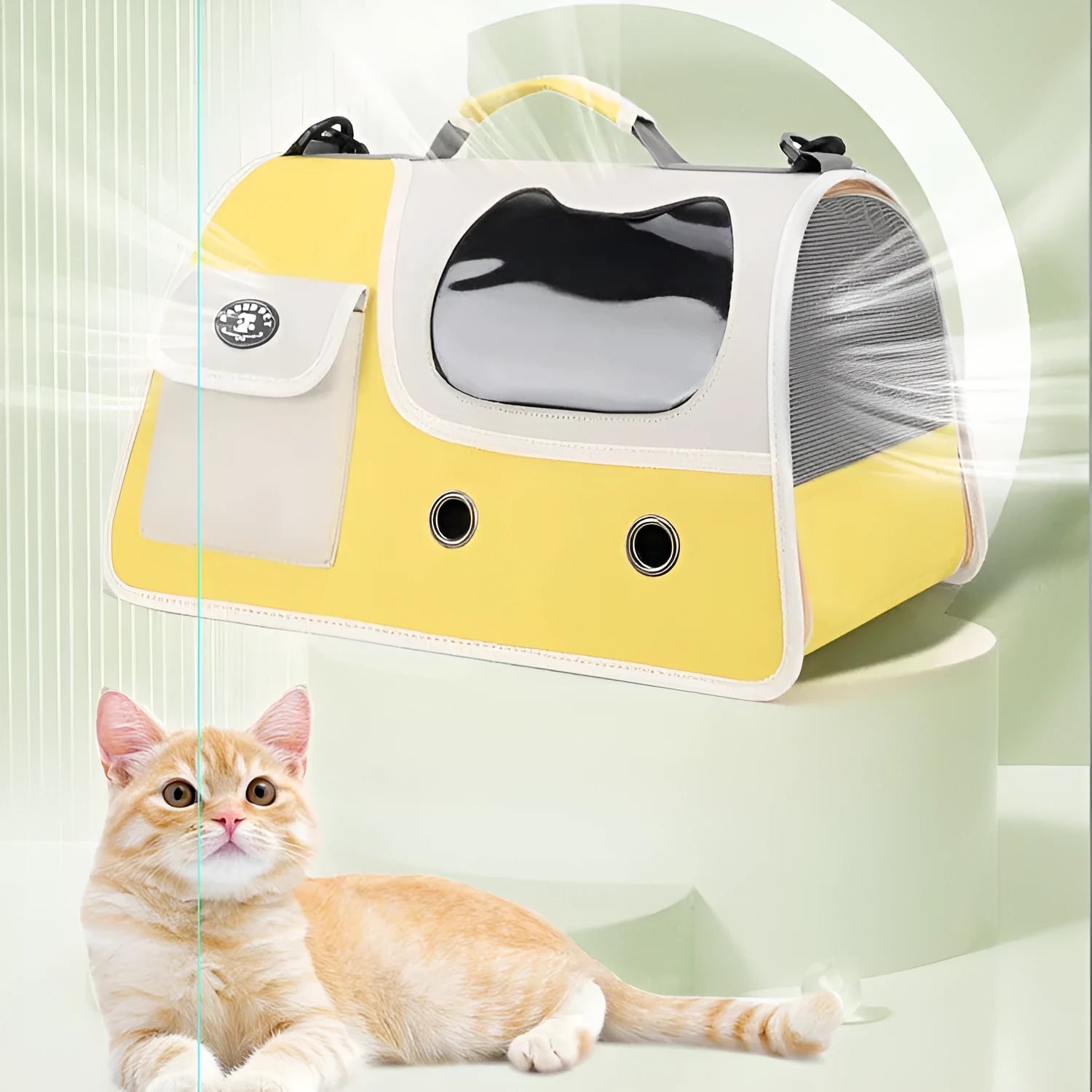 Convenient outing pet backpack in Oxford cloth with crossbody strap, available in yellow green and black, large capacity for cats and small dogs