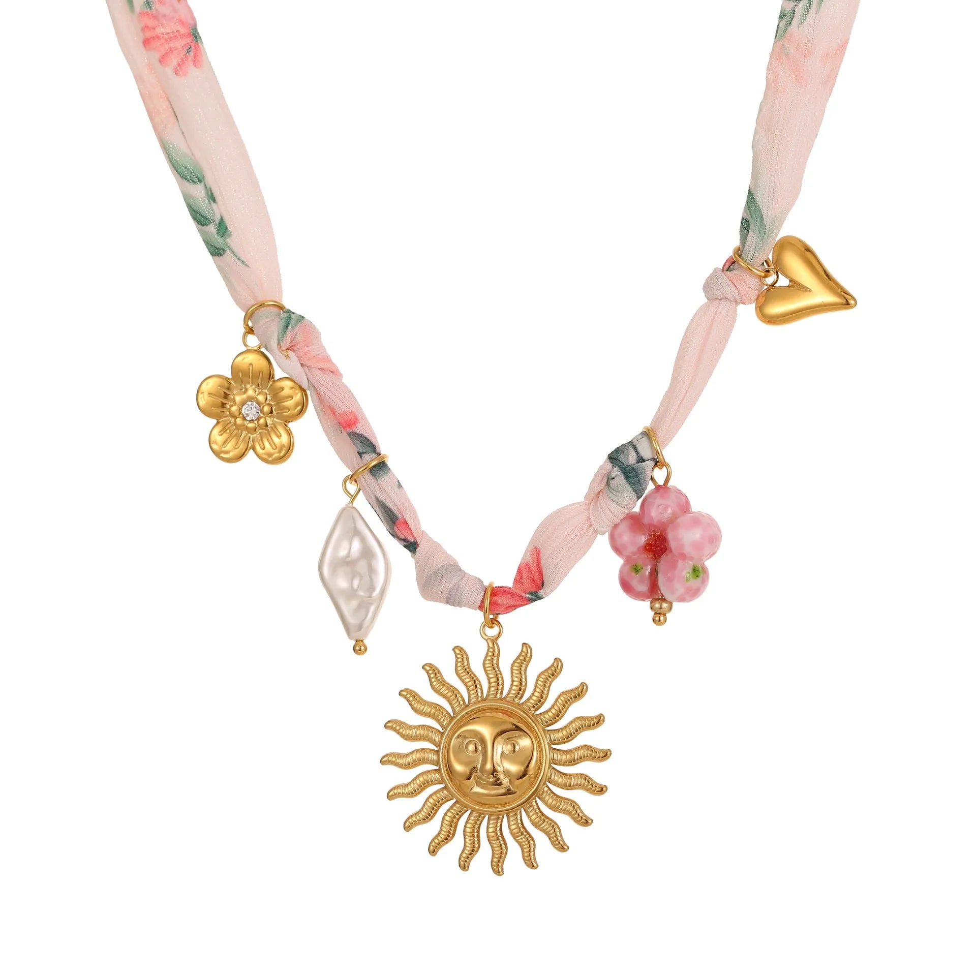Stainless steel necklace with geometric sun pendant and gold electroplated finish on adjustable chain