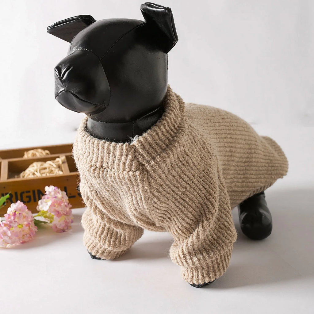 Brown cloth pullover sweater for small breed dog on model showing size fit