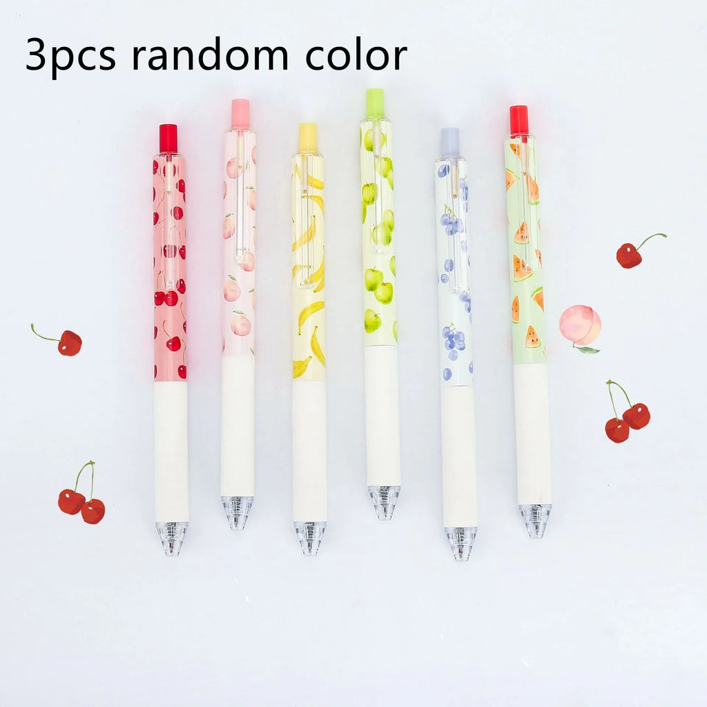 Three fruit-themed pressurised pens with 0.5mm quick-drying black ink