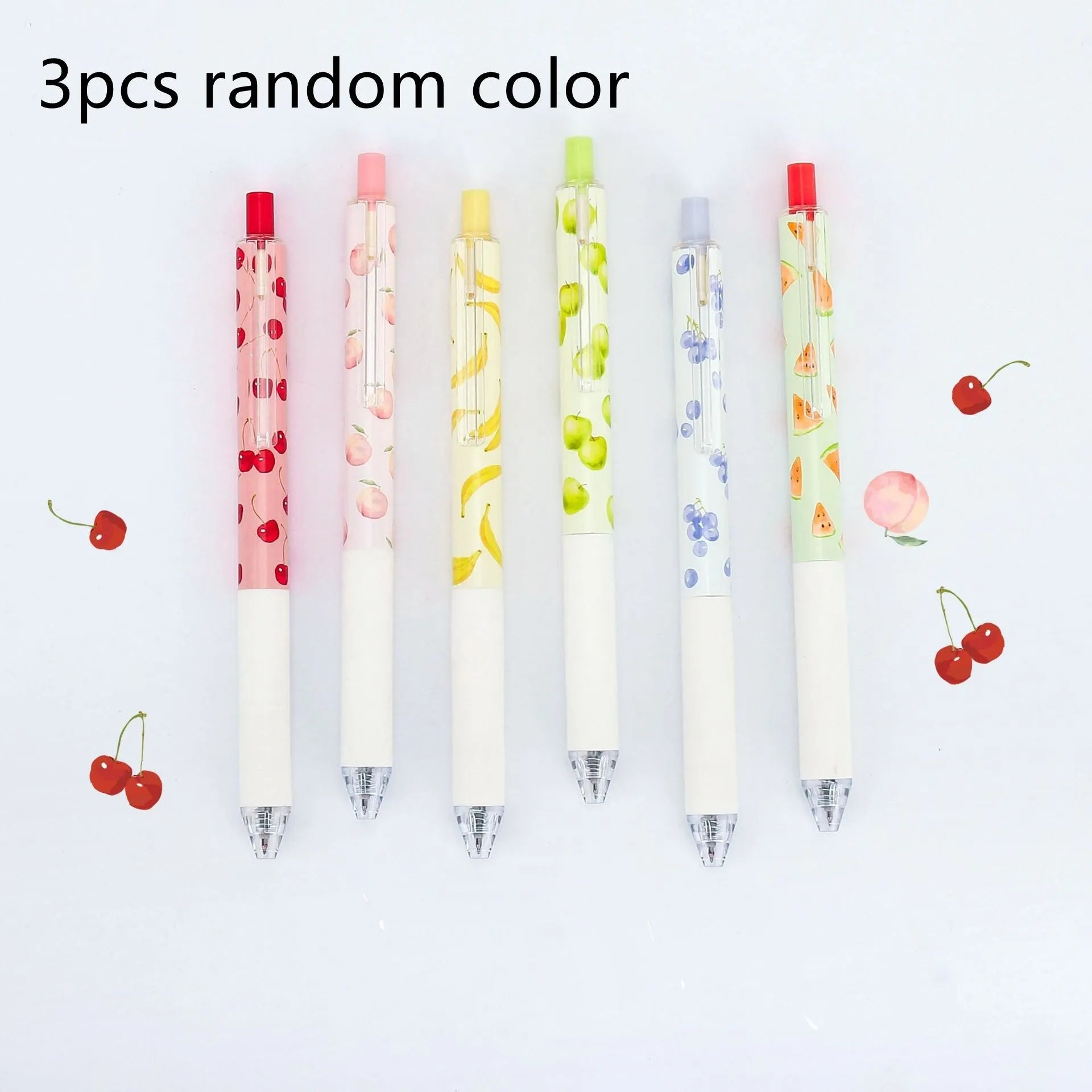 Three fruit-themed pressurised pens with 0.5mm quick-drying black ink