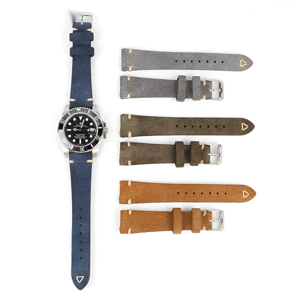 Small waist genuine suede leather watch strap showing brown, blue, gray and army green colour options