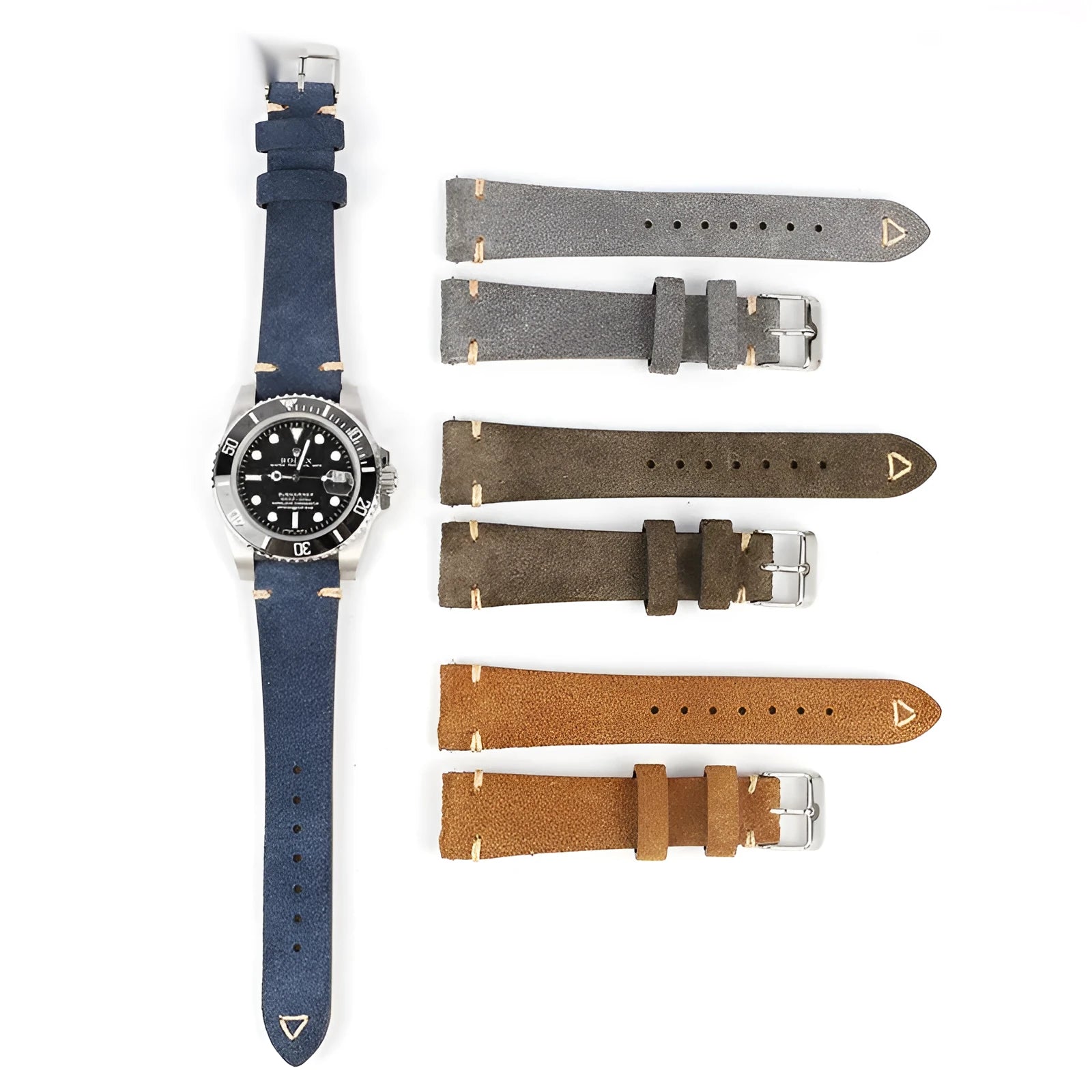Small waist genuine suede leather watch strap showing brown, blue, gray and army green colour options