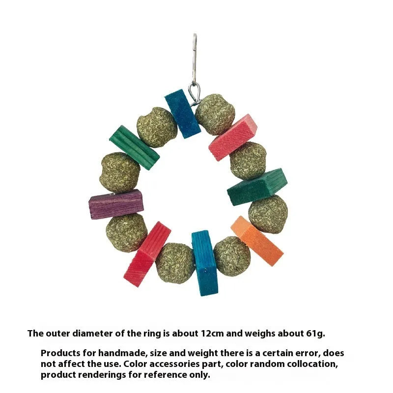 Hamster toy with ring, straw balls and applewood chew rod for small pets
