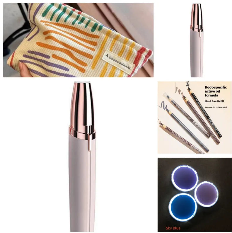 Eyebrow epilator pen with gold plated head and LED light on pink background
