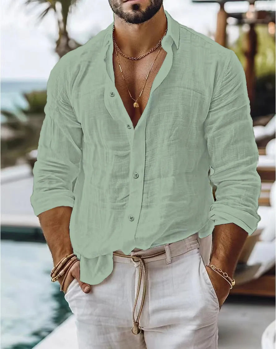 Men's solid colour cotton linen blend long sleeve shirt in regular cardigan style on white background