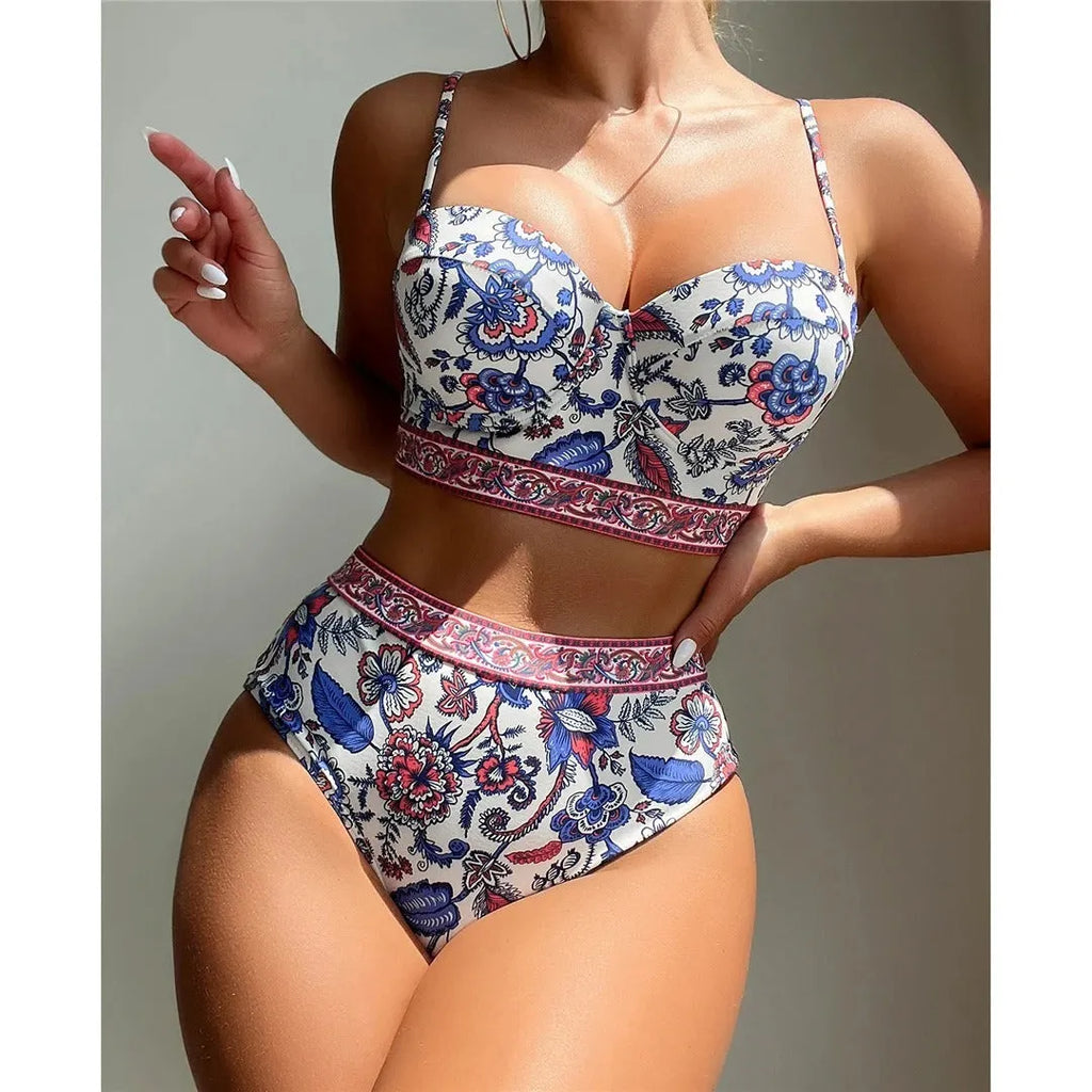 Blue women's high waist push-up bikini swimsuit with adjustable straps