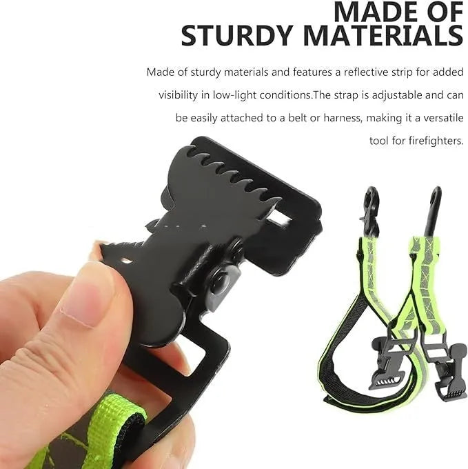 Fluorescent green metal gloves safety clip with reflective elements and buckle, shown as a single unit.