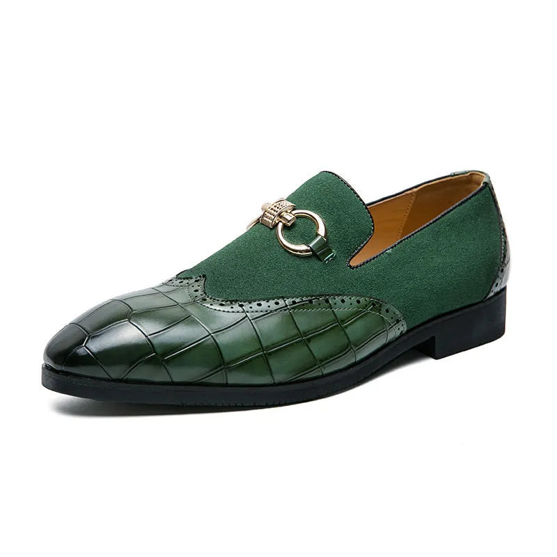 Men's Korean style business casual shoes with artificial PU leather upper and rubber sole in black and green colours