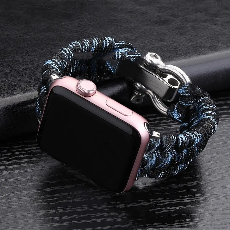 Nylon woven steel buckle strap for Apple Watch, black with connector, fits 38/40mm
