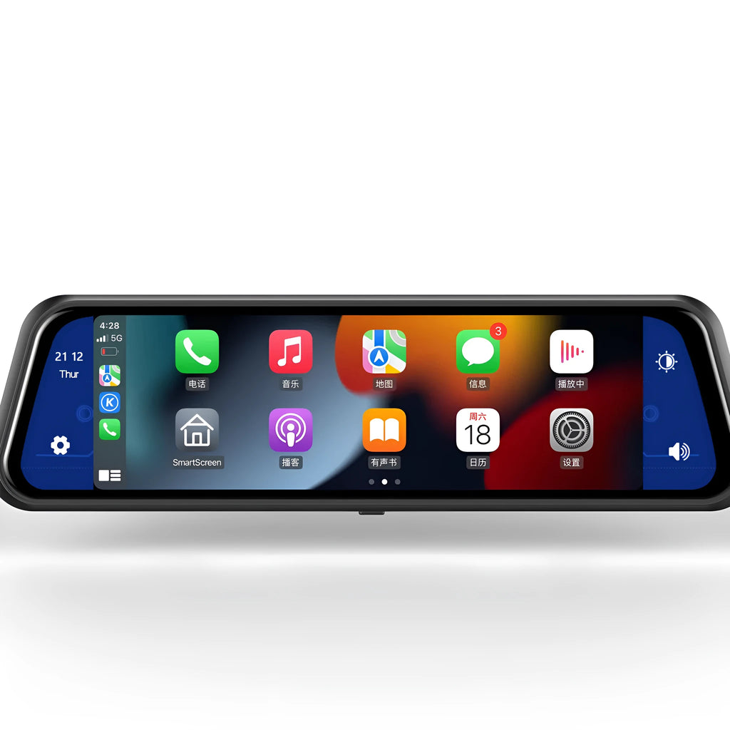 Dual-lens car dashboard camera with large touchscreen display mounted on a car windscreen