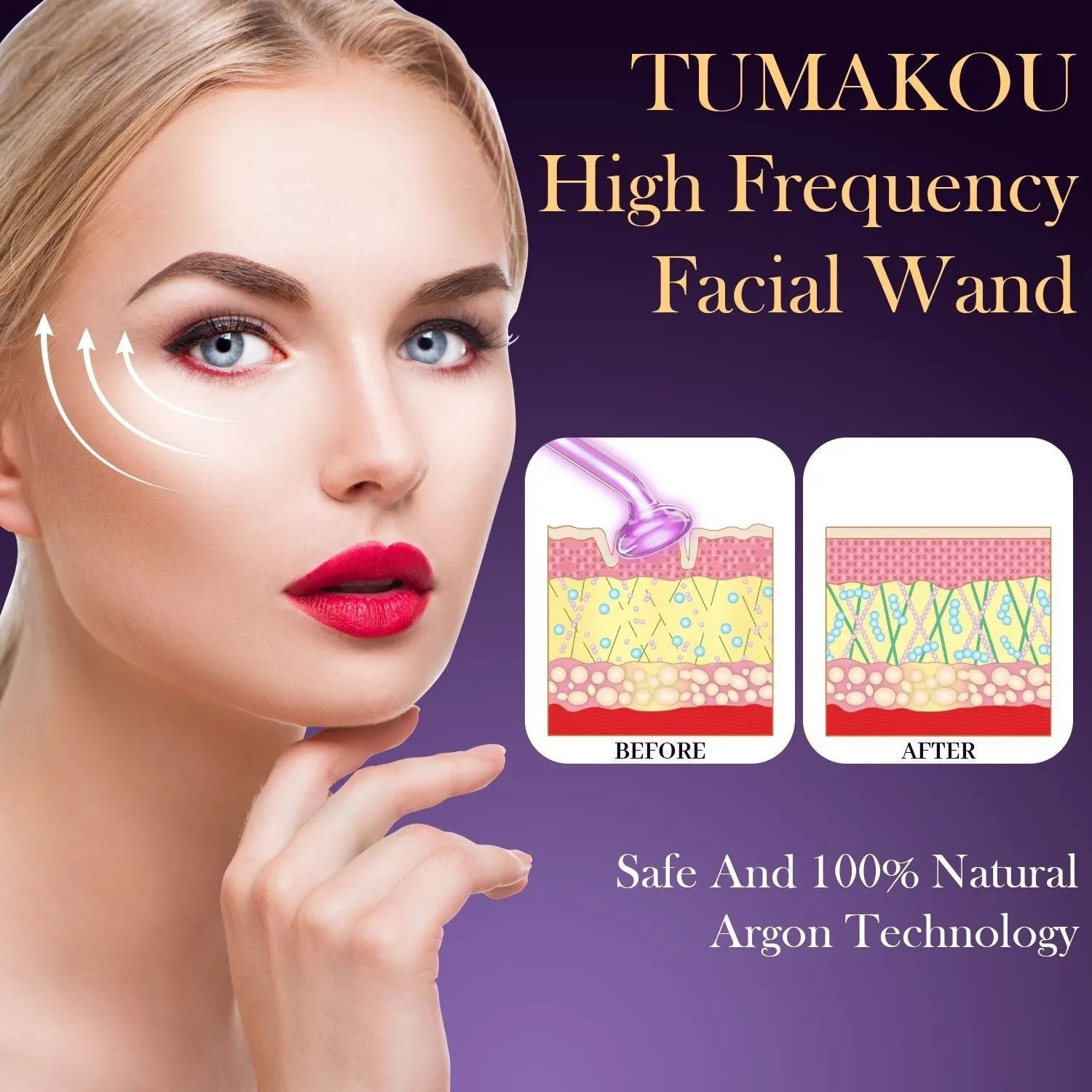 Purple light high-frequency beauty electrotherapy rod appliance with six accessory heads for facial treatment