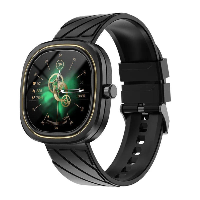 Smart sports watch with silicone wristband showing on a wrist, displaying time on its 1.32-inch screen.