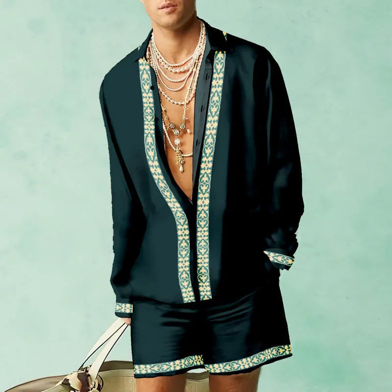 Men's slim fit polyester shirt and shorts set in a summer colour on a hanger
