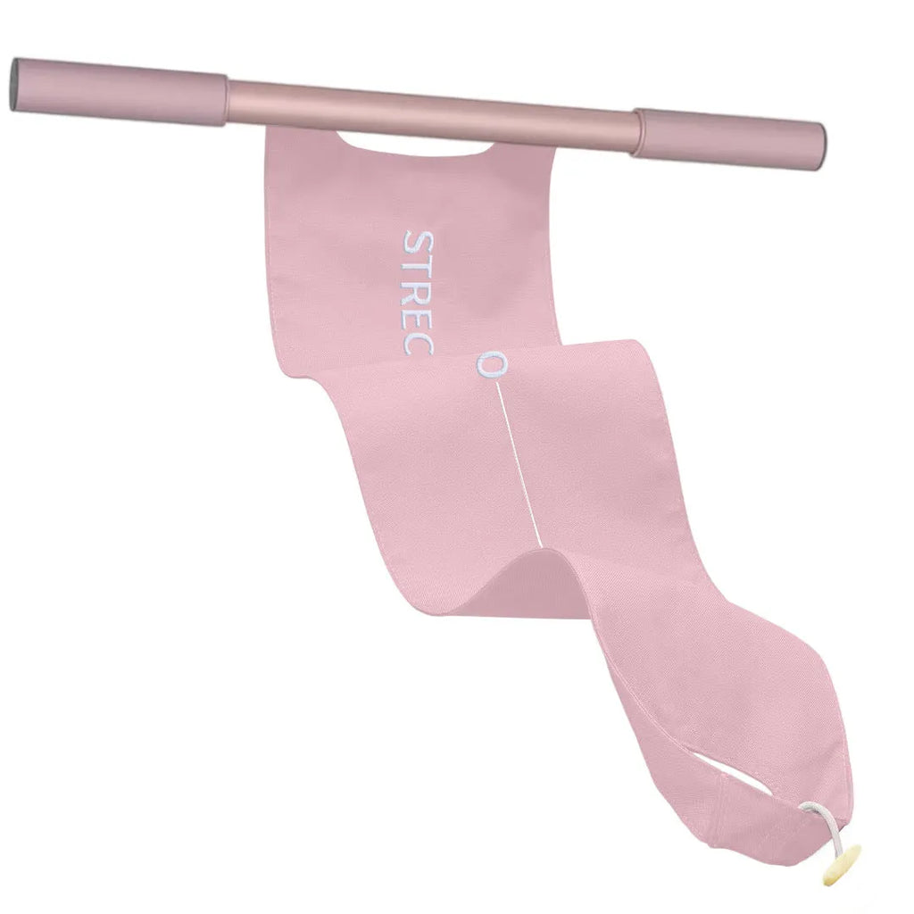 Grey and pink yoga multi-function stretching tool for shoulders, back, and hips on a plain background.