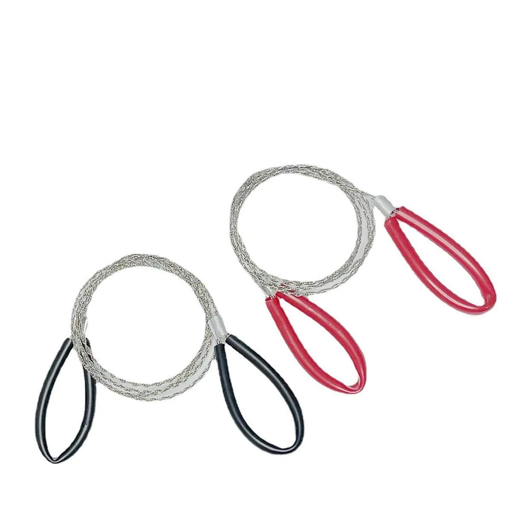 Black and red stainless steel survival wire saw with leather hand case, length 75cm