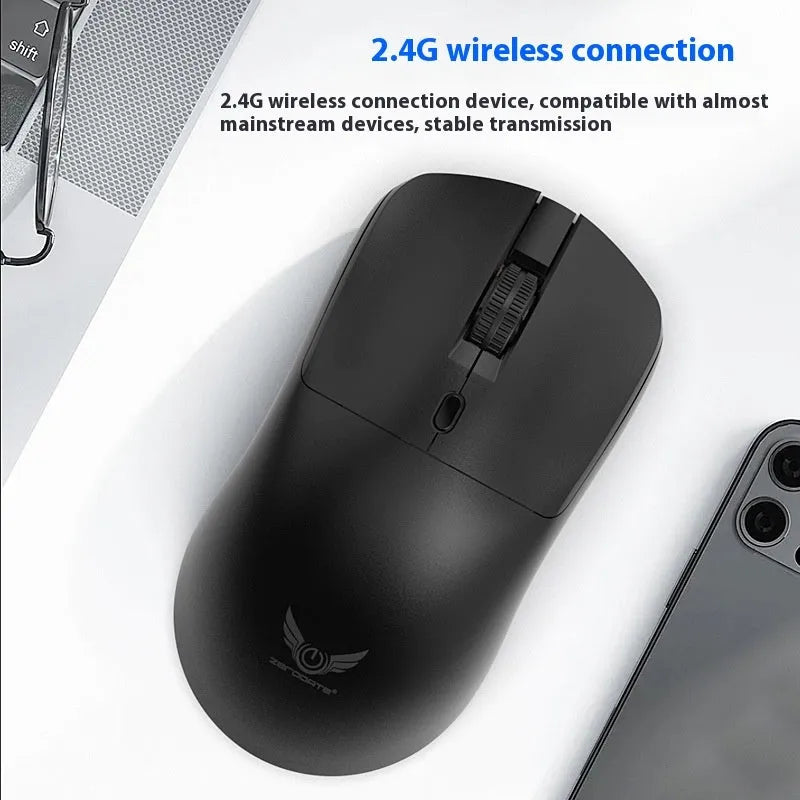 Black wireless computer mouse with three buttons and scroll wheel for laptop and desktop use