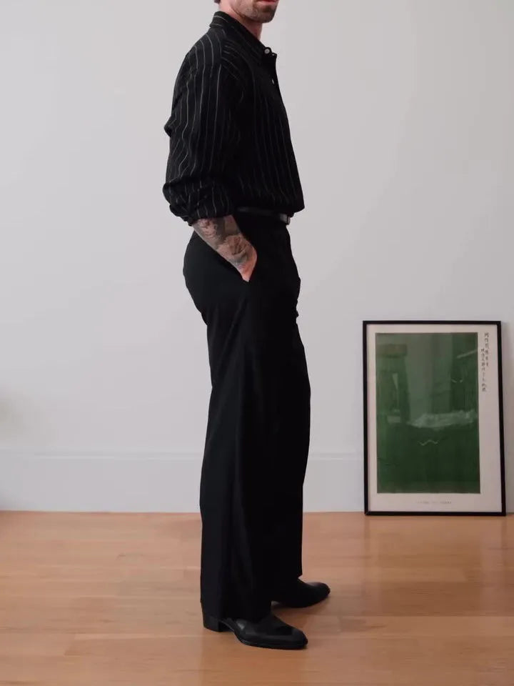 Men's black pinstriped long sleeve button-down shirt with a regular fit.