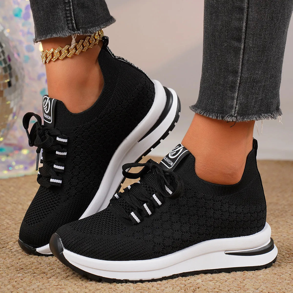 Plus size women's lace up mesh platform flat pumps in black with round toe and rubber sole