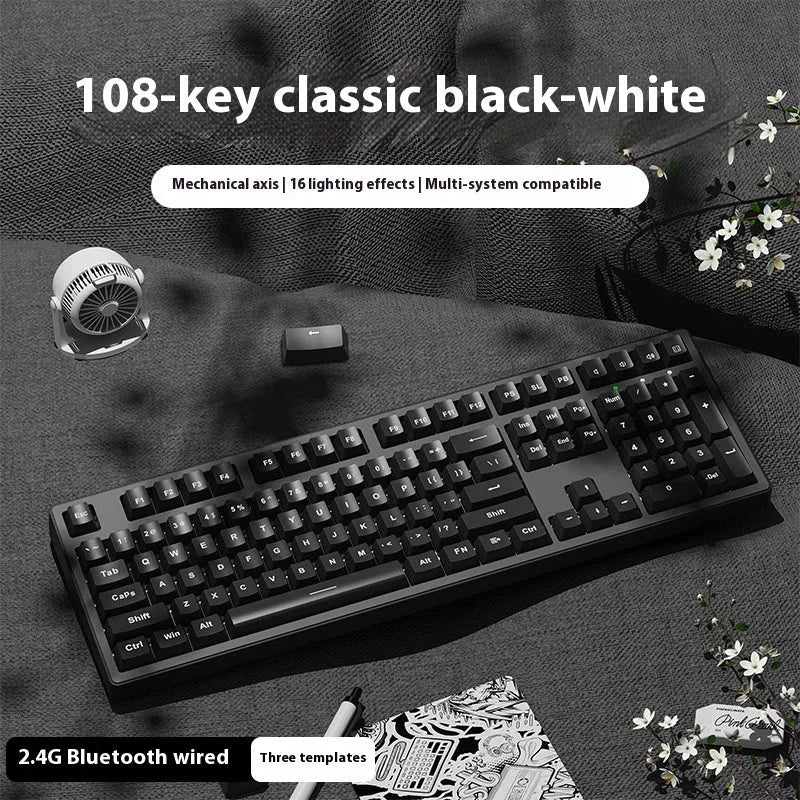 Wireless mechanical keyboard with three connection modes, shown in a choice of 87-key or 108-key layouts and various colour themes.