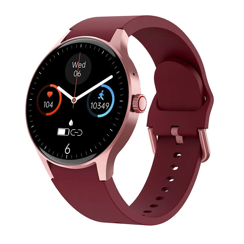 Smart watch with circular AMOLED screen showing health stats, on a black silicone wristband.