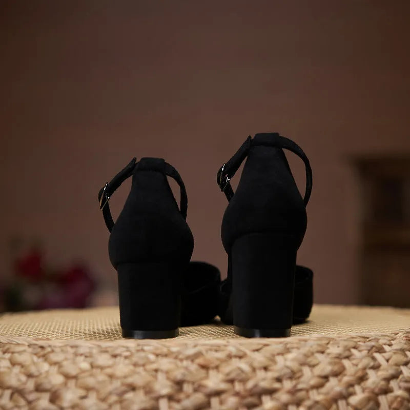 Women's all-match casual large size suede hollow high heels with stout heel, black colour, 5CM height