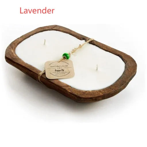 Retro-style wooden basin containing a Lavender soy wax aromatherapy candle with three visible wicks.