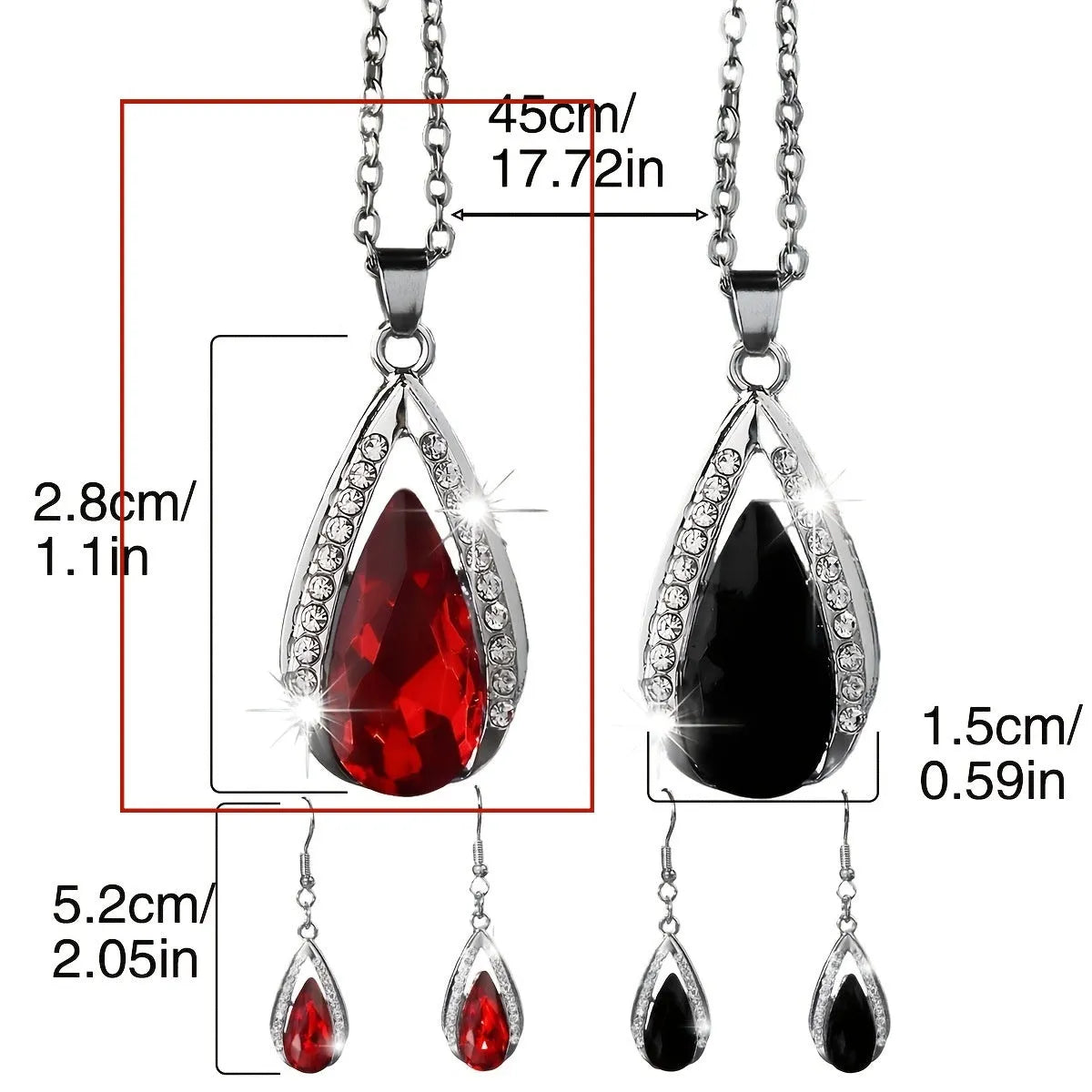 Black and red teardrop glass pendant alloy necklace and matching earrings set
