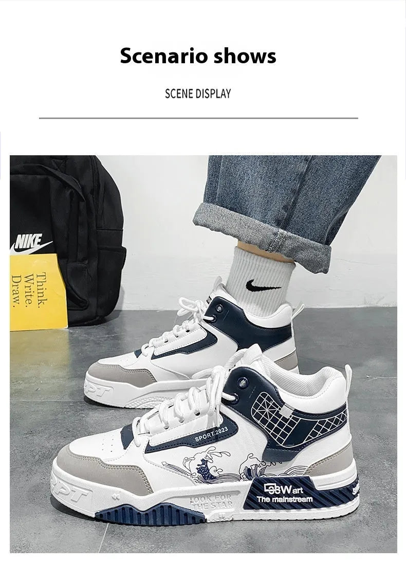 Men's beige, white, and blue high-top casual sneakers with lace-up front and rubber sole.